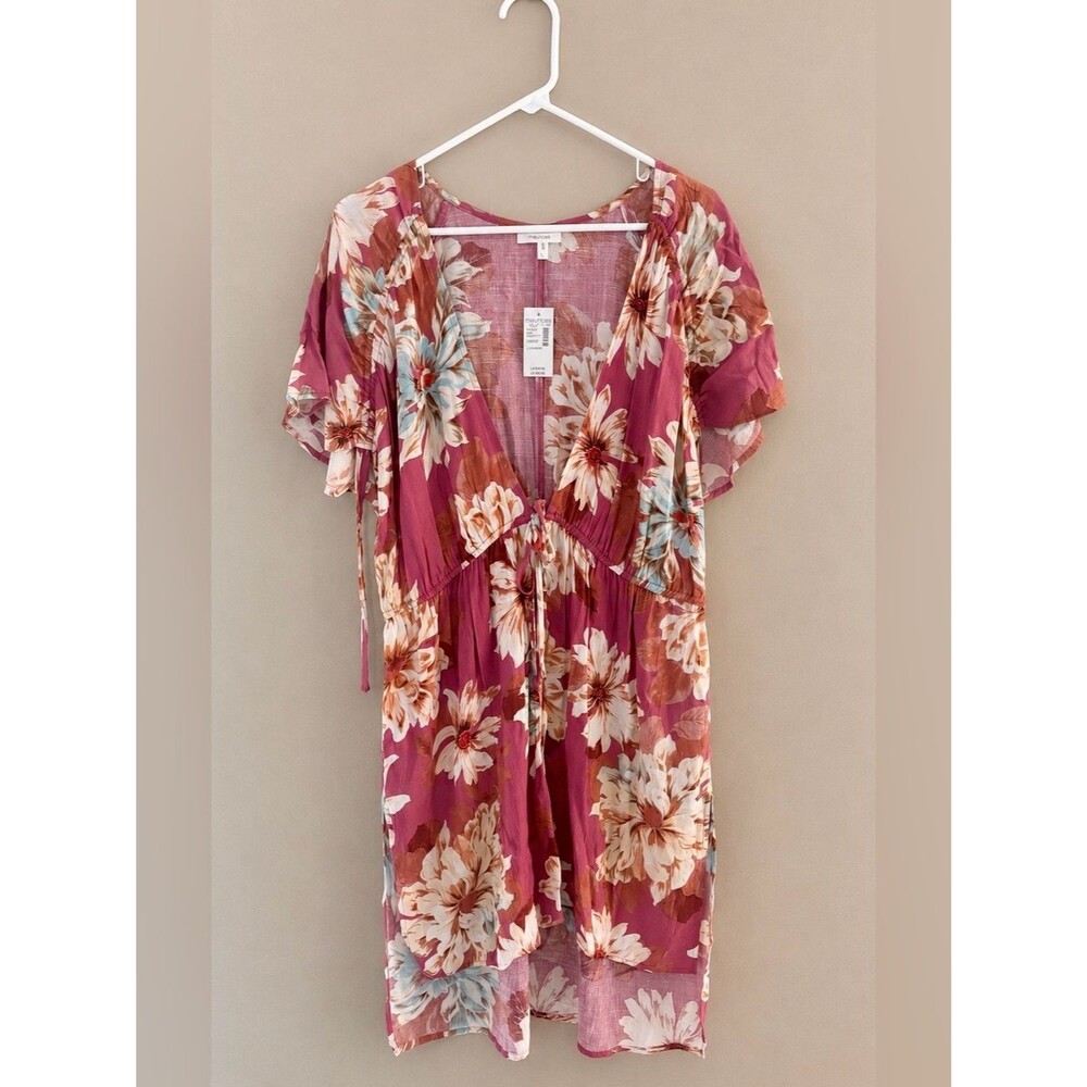 Maurices Pink Floral Boho Kimono Cover Up Tie Front Large NWT